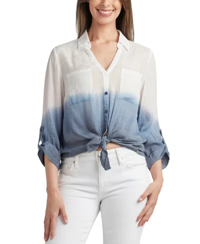 Bcx Juniors' Dip Dye Gauzy-texture Button-down Blouse In Navy