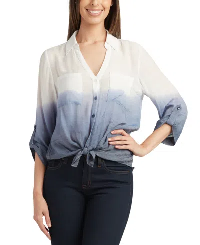 Bcx Juniors' Dip-dyed Roll-tab Tie-waist Shirt In Blue Ombre