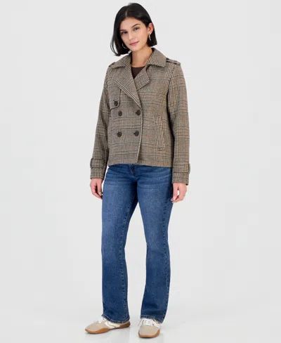 Bcx Juniors' Double-breasted Plaid Notch-collar Pea Coat In Gray