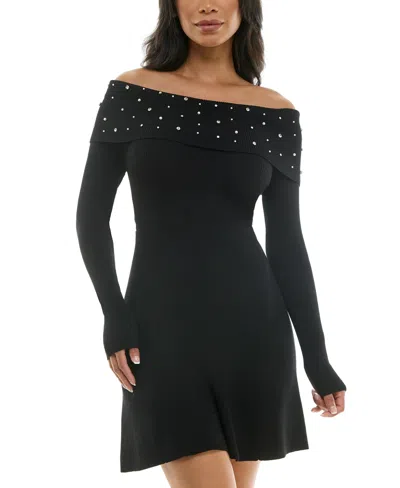 Bcx Juniors' Embellished Off-the-shoulder Sweater Dress In Black