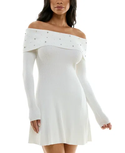 Bcx Juniors' Embellished Off-the-shoulder Sweater Dress In Ivory