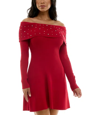 Bcx Juniors' Embellished Off-the-shoulder Sweater Dress In Red