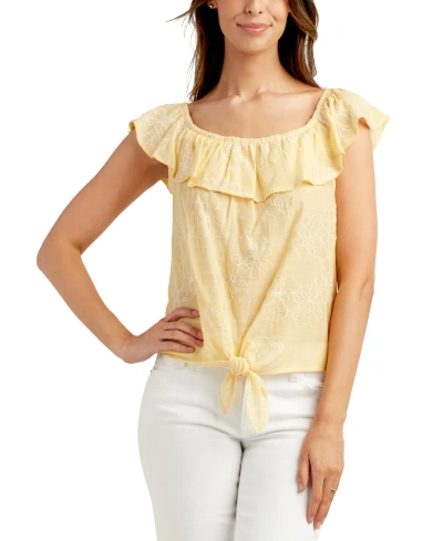 Bcx Juniors' Embroidered Ruffle-neck Tie-hem Peasant Top In Yellow