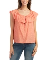 BCX JUNIORS' FLORAL EMBROIDERED RUFFLE-TRIM SCOOP NECK TOP