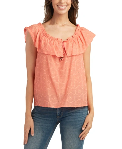 Bcx Juniors' Floral Embroidered Ruffle-trim Scoop Neck Top In Color
