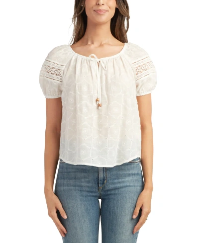 Bcx Juniors' Floral Embroidered Scoop Neck Puff-sleeve Top In Color