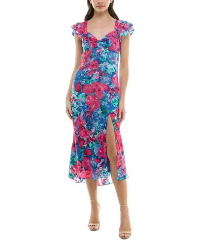 Bcx Juniors' Floral Jacquard Midi Bodycon Dress In Pink,blue Multi