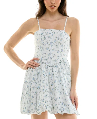 Bcx Juniors' Floral Print Bubble Hem Sleeveless Fit & Flare Dress In Green,blue,white