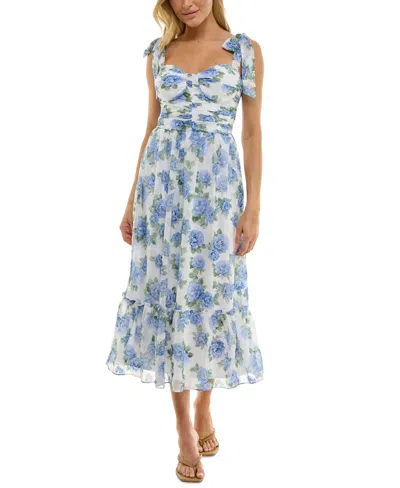 Bcx Juniors' Floral Print Jacquard Sleeveless Fit & Flare Dress In Blue,ivory Multi