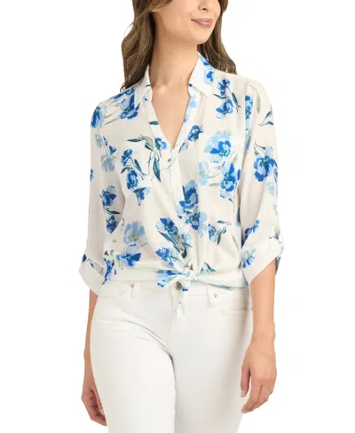 Bcx Juniors' Floral-print Long-sleeve Collared Shirt In White,blue Floral