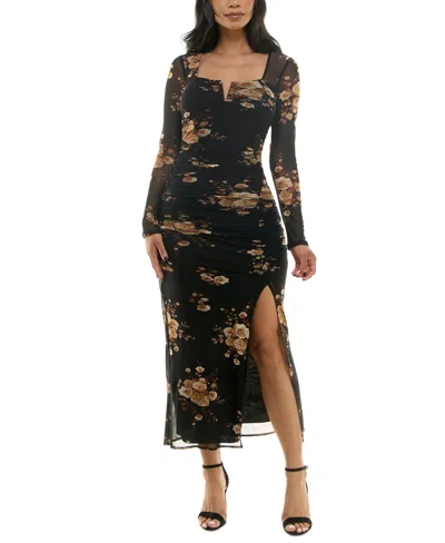 Bcx Juniors' Floral-print Ruched Bodycon Dress In Black Tan Floral