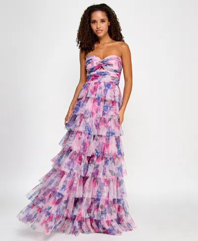 Bcx Juniors' Floral Print Ruffled Strapless Gown In Purple Multi