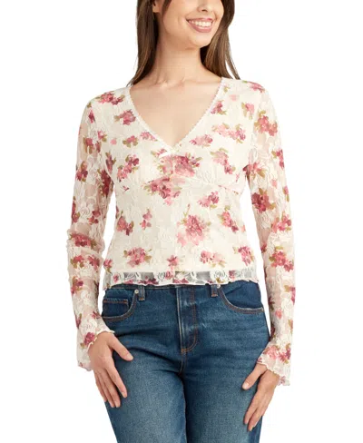 Bcx Juniors' Floral-print Stretch Lace Long-sleeve Top