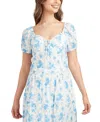 Bcx Juniors' Floral-print Sweetheart-neck Short-sleeve Top In Blue,white Floral