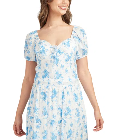 Bcx Juniors' Floral-print Sweetheart-neck Short-sleeve Top In Blue,white Floral