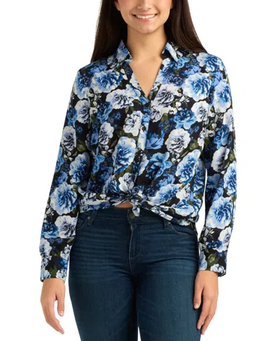 Bcx Juniors' Floral Printed Collared Top In Blue