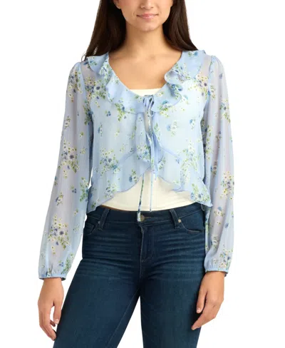 Bcx Juniors' Floral V-neck Printed Top In Blue