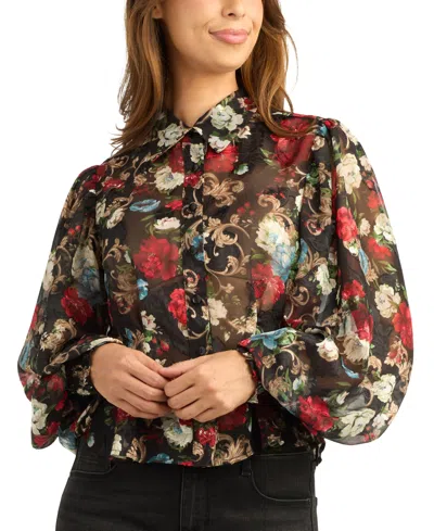 Bcx Juniors' Floral-print Long-sleeve Burnout Blouse In Multi