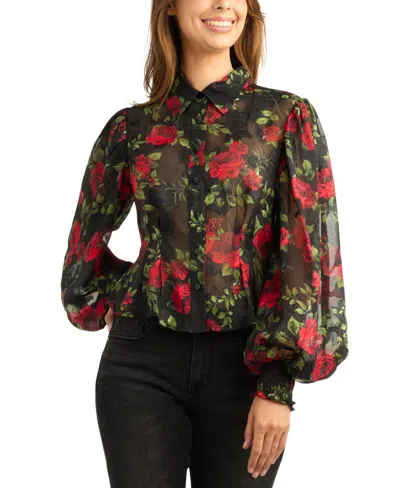 Bcx Juniors' Floral-print Long-sleeve Burnout Blouse In Multi