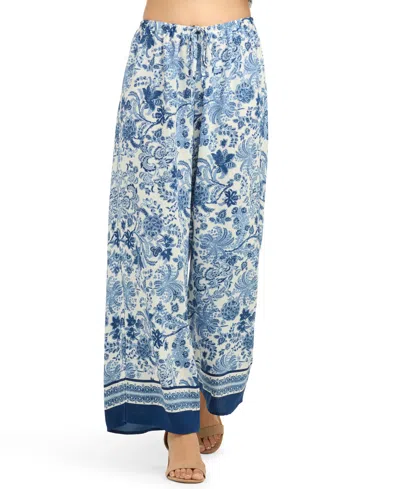 Bcx Juniors' Floral-print Wide-leg Pull-on Pant In Blue