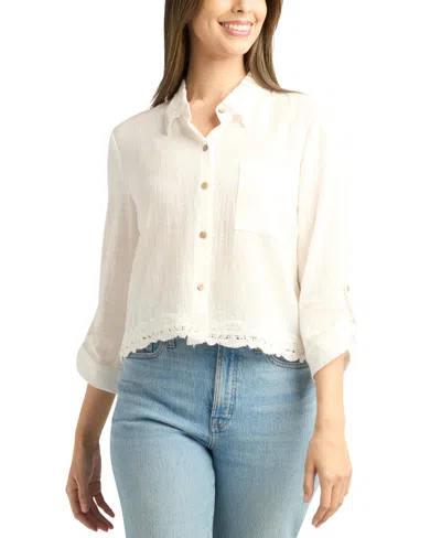 Bcx Juniors' Lace-trim Button-front 3/4-sleeve Top