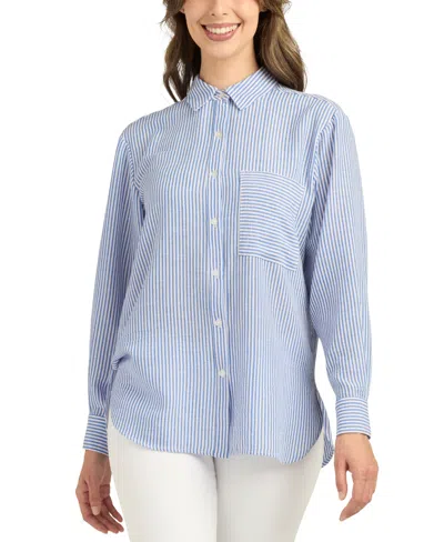 Bcx Juniors' Long-sleeve Striped Button-front Top In Blue Stripe