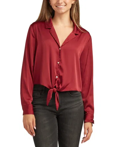 Bcx Juniors Long-sleeve Tie-hem Long-sleeve Satin Top In Burgundy