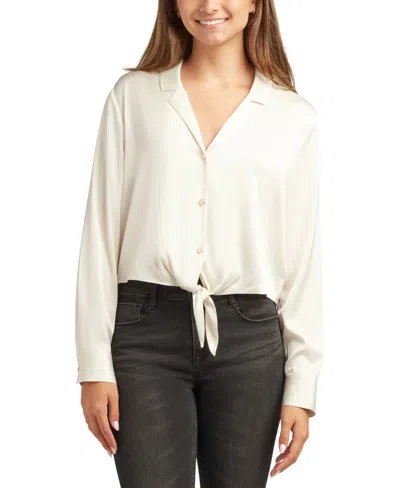 Bcx Juniors Long-sleeve Tie-hem Long-sleeve Satin Top In White