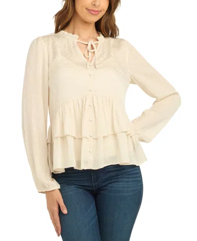 Bcx Juniors' Long-sleeve Button-front Peplum Chiffon Jacquard Blouse In Champagne