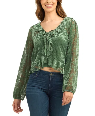 Bcx Juniors' Mesh Velvet Burnout Crop Long-sleeve Blouse In Sage