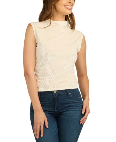 Bcx Juniors' Mock Neck Diamond Velvet Shirred Tank Top In Champagne