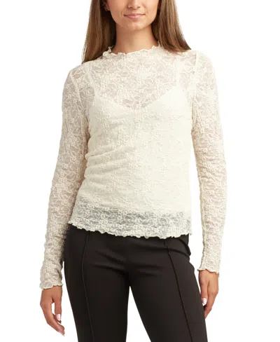 Bcx Juniors Patchwork Mock-neck Long-sleeve Lace Top In White