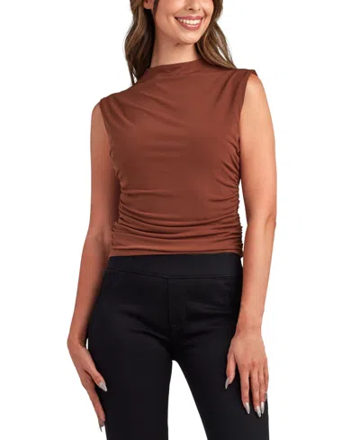 Bcx Juniors' Print Mock Neck Sleeveless Top In Brown