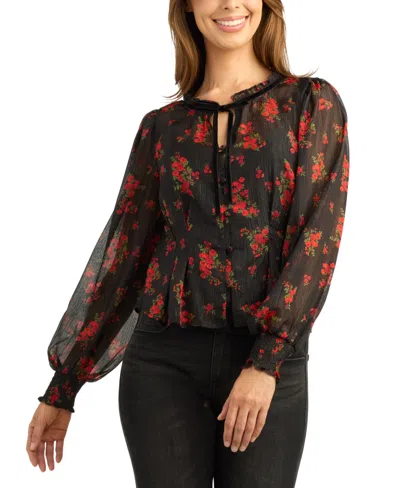Bcx Juniors' Print Shimmer Long-sleeve Sheer Floral-print Blouse In Multi