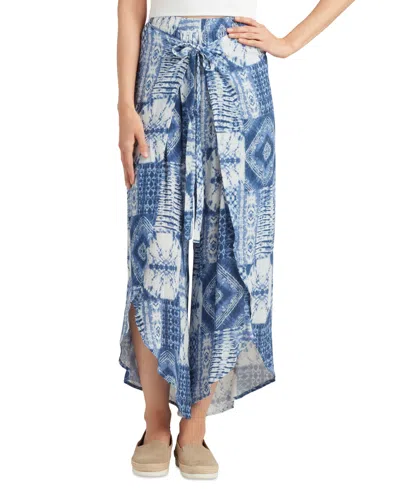 Bcx Juniors' Printed Asymmetrical-cuff Tie-front Wrap Pants In Blue