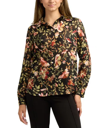 Bcx Juniors Printed Burnout Button-front Long-sleeve Top In Black