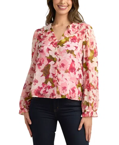 Bcx Juniors' Printed Button-front Blouse In Pink