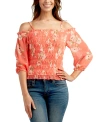 BCX JUNIORS' PRINTED COLD-SHOULDER SHEER-SLEEVE SMOCKED TOP