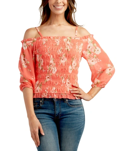 Bcx Juniors' Printed Cold-shoulder Sheer-sleeve Smocked Top In Pat B