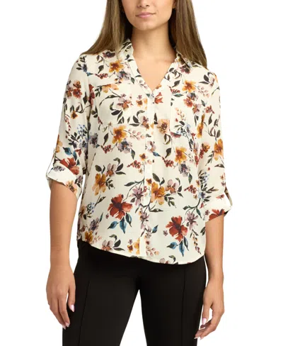 Bcx Juniors Printed Dobby-collar 3/4-sleeve Top In Multi