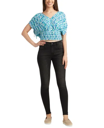 Bcx Juniors' Printed Drawstring Short-sleeve Crop Top In Blue