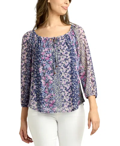 Bcx Juniors' Printed Mesh 3/4-sleeve Peasant Top In Pat W