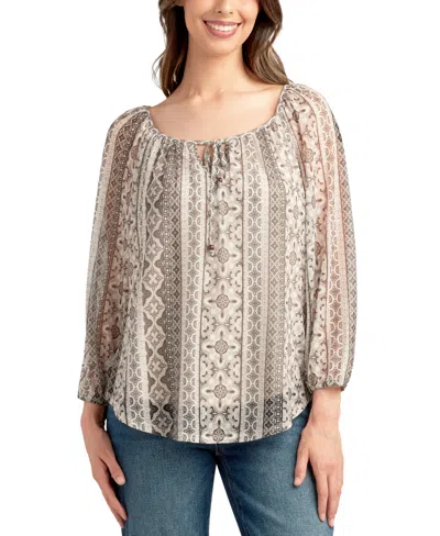 Bcx Juniors' Printed Mesh Peasant Top In Brown