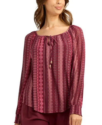 Bcx Juniors' Printed Mesh Smocked-sleeve Peasant Top In Pat E