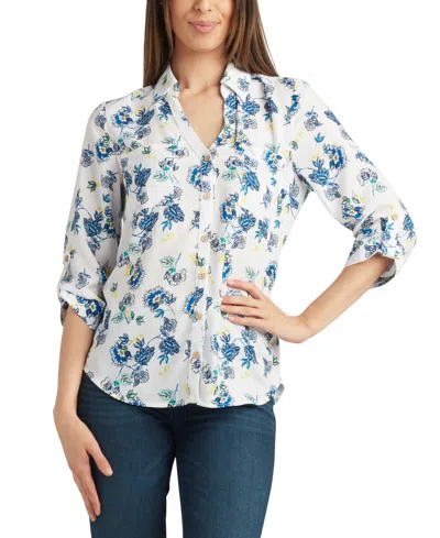 Bcx Juniors' Printed Roll-tab Button-front Shirt In Blue Floral