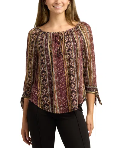 Bcx Juniors Printed Scoop-neck 3/4-sleeve Peasant Top In Burgundy