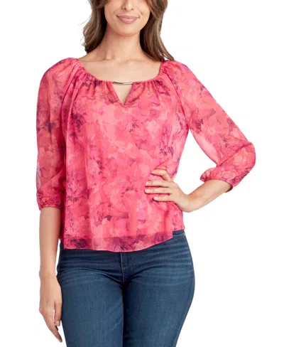 Bcx Juniors' Printed Sheer Peasant Top In Pat D