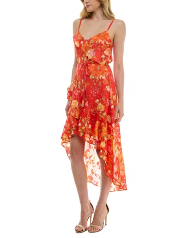 Bcx Juniors' Printed V-neck Sleeveless Fit & Flare Dress In Orange