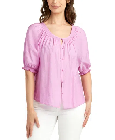 Bcx Juniors' Puff-sleeve Button-front Knit Top In Orchid