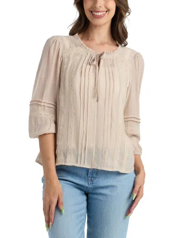Bcx Juniors' Puff-sleeve Tie Neck Top In Neutral
